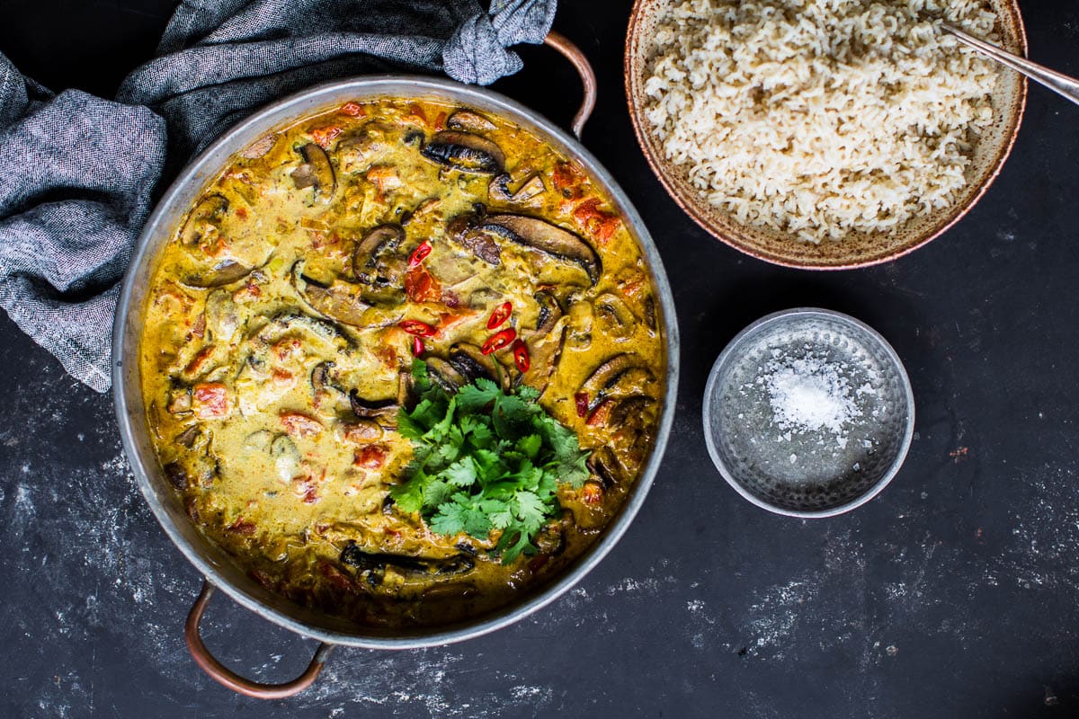 Baked mushroom curry served with steamed rice.