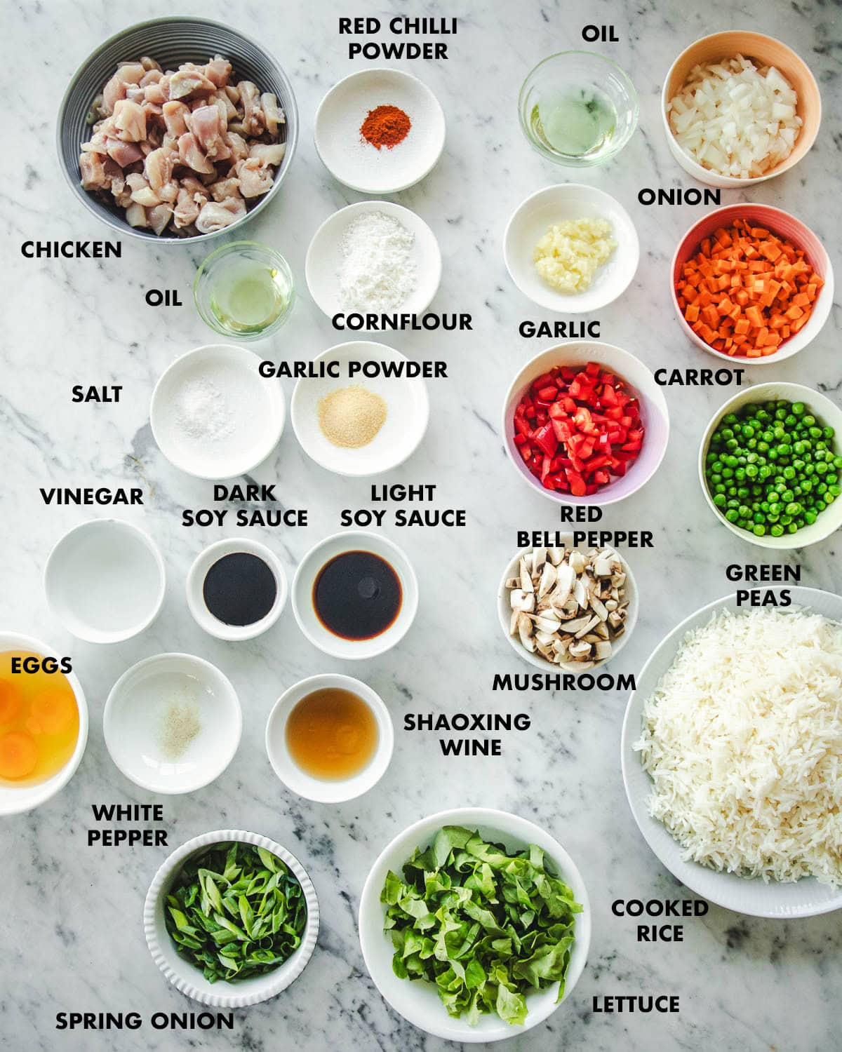 Ingredients for Chicken Fried Rice measured and labeled - Chicken, cooked rice, spring onion, green peas, lettuce, carrot, red bell pepper, mushroom, soy sauce, cornflour, shaoxing wine, white pepper, garlic, eggs and red chilli powder.