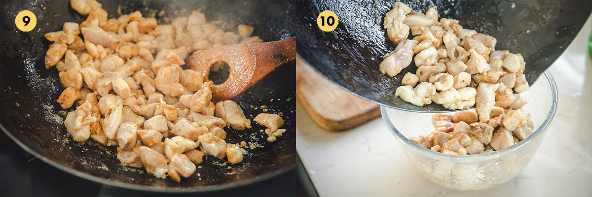 Stir-fry chicken in oil in a hot wok until golden. Remove and set aside.