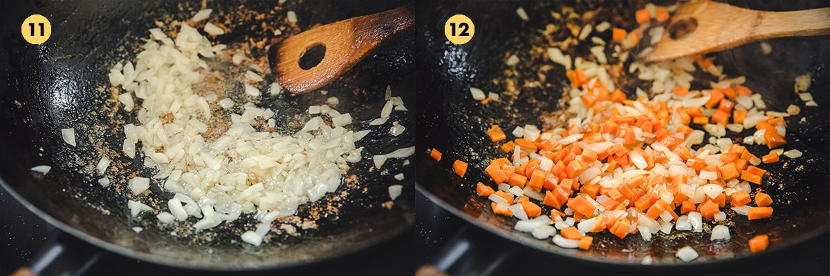 Stir fry onion until translucent. Add carrot and stir-fry for a few minutes.