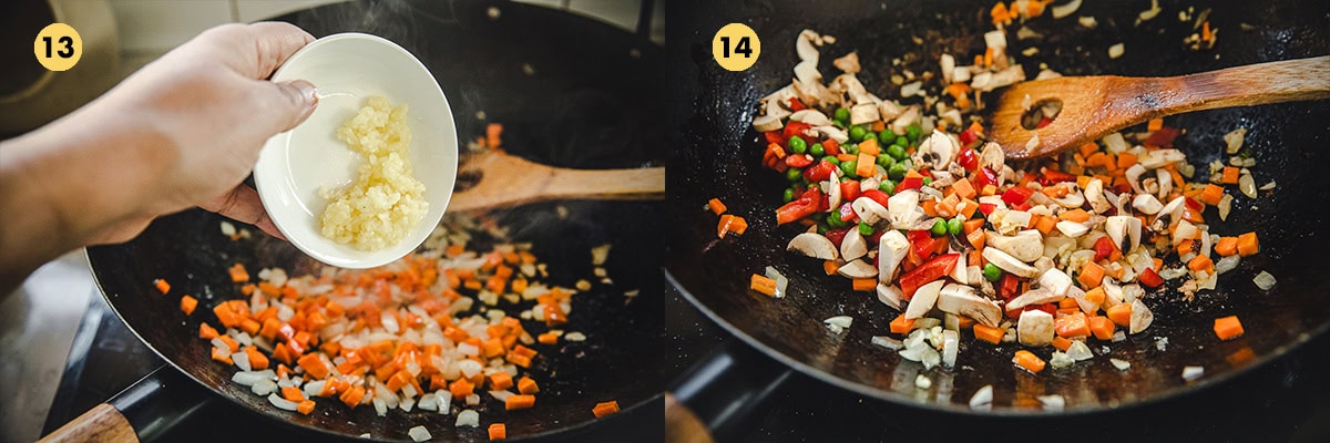 Add garlic and stir-fry for a few seconds until fragrant. Add mushroom, red bell pepper and green peas. Stir fry briefly.