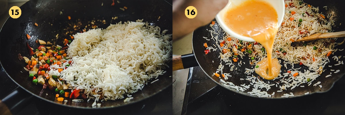 Add cold, cooked rice. Stir and move everything to one side of the wok. Add egg in the gap.