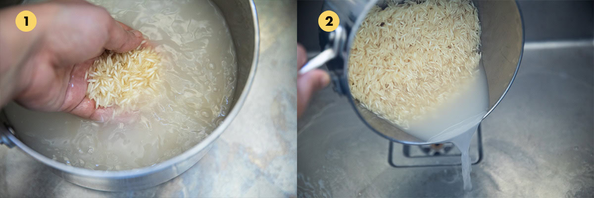 Wash and rinse white rice in water. Wash until water runs clean and drain completely.