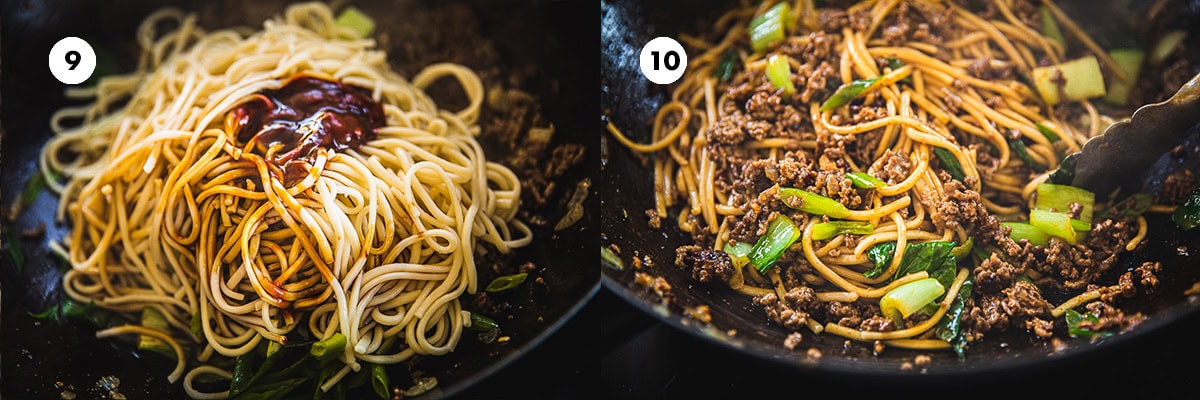 Add cooked noodles and stir-fry sauce to the wok. Toss and stir-fry on high for a couple of minutes until heated through.