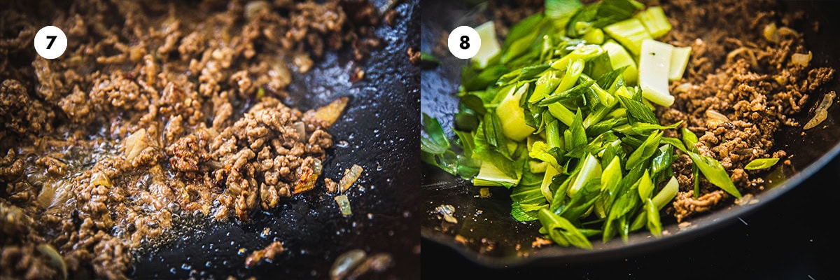 Spread beef mince in the wok and allow to cook for a few minutes without tossing, so the beef crisps and caramelizes. Add the greens and cook for 30 seconds until just wilted.