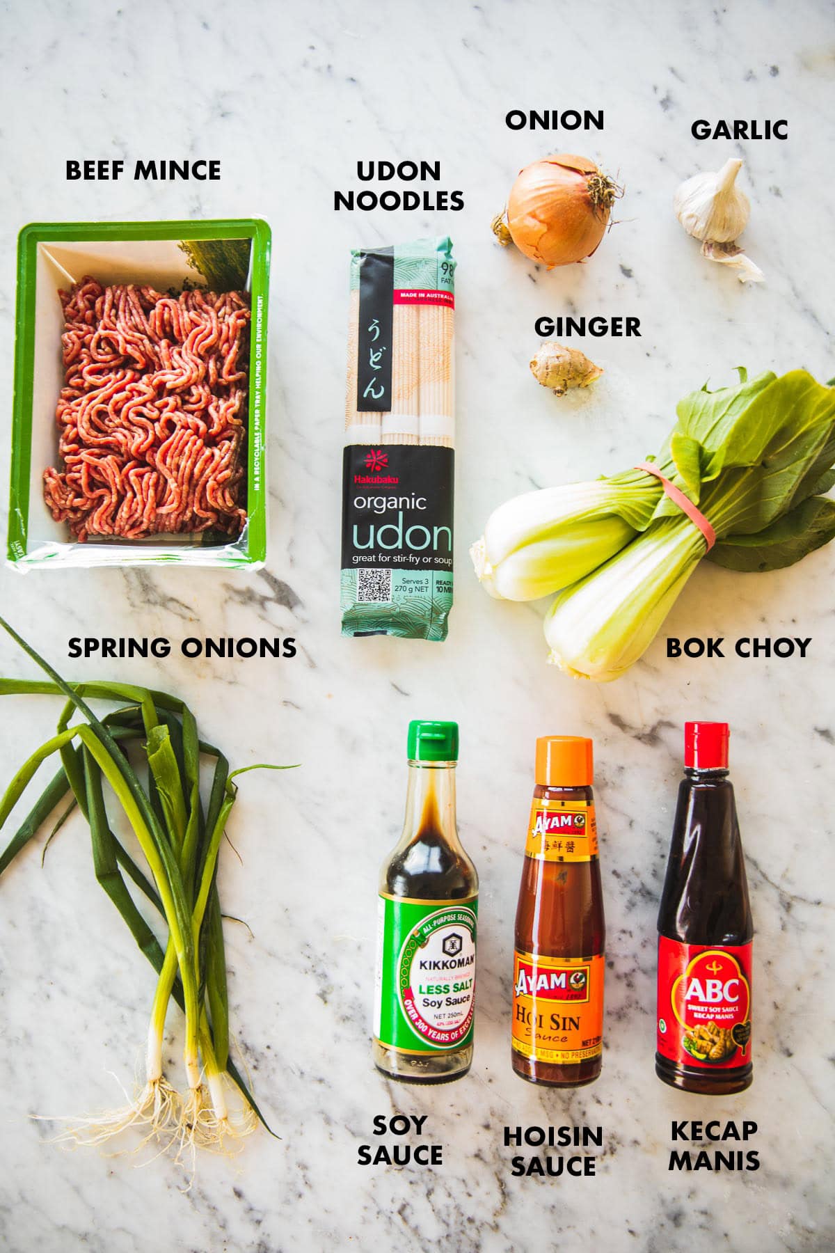 Hoisin Beef Noodles ingredients - Beef mince, udon noodles, onion, garlic, ginger, bok choy, spring onion, soy sauce, kecap manis and hoisin sauce.