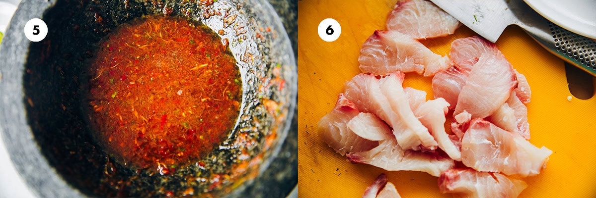 Add Makrut lime leaves to the Ceviche sauce and mix well. Slice chilled Sashimi-grade Kingfish fillet thinly.