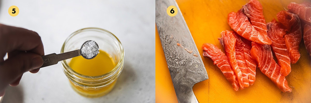 Season the marinade. Cut the chilled slab of salmon into thin 1/2cm slices.